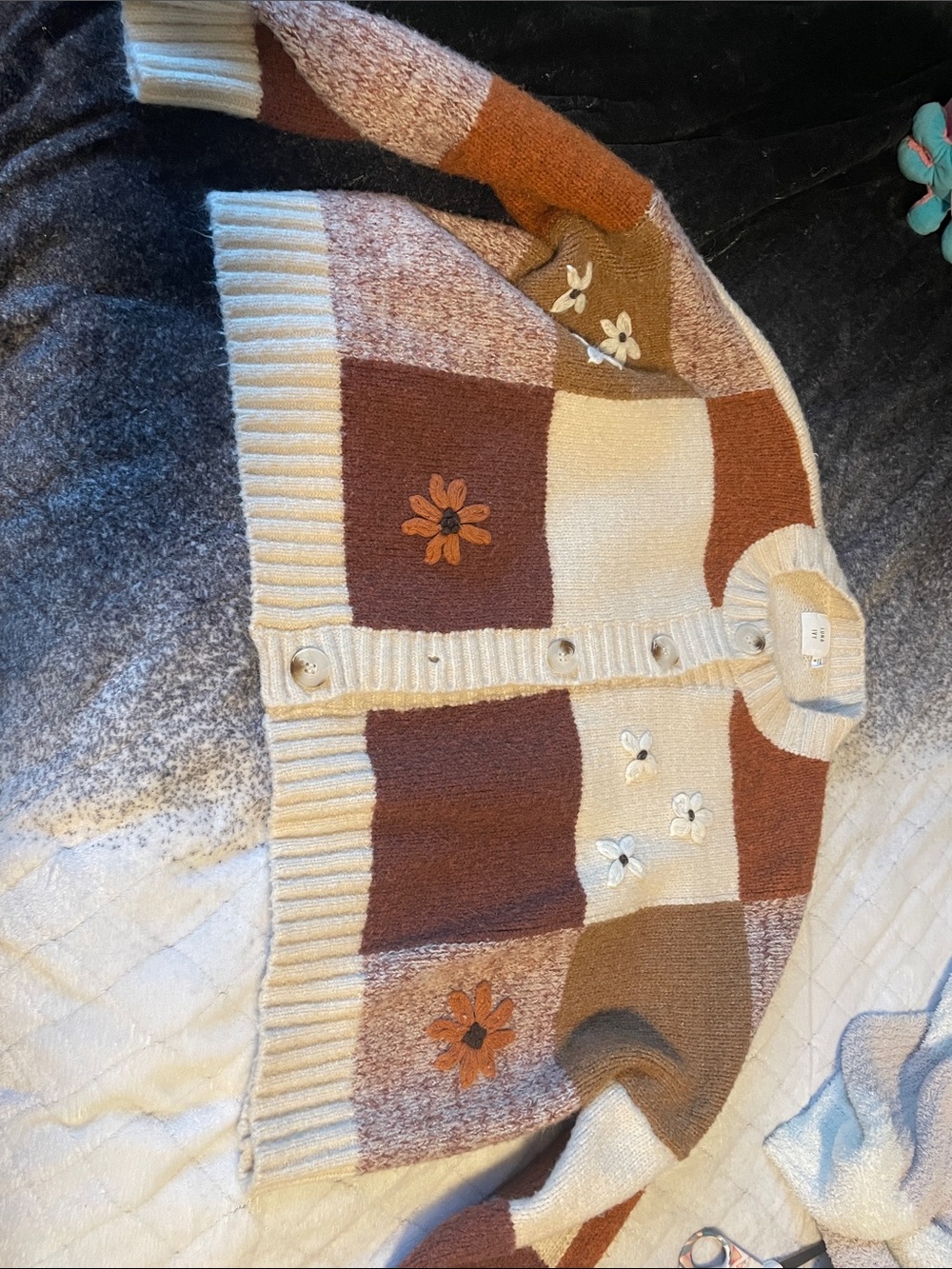 Embroidered Patchwork Cardigan Sweater - Cream, Tan & Brown